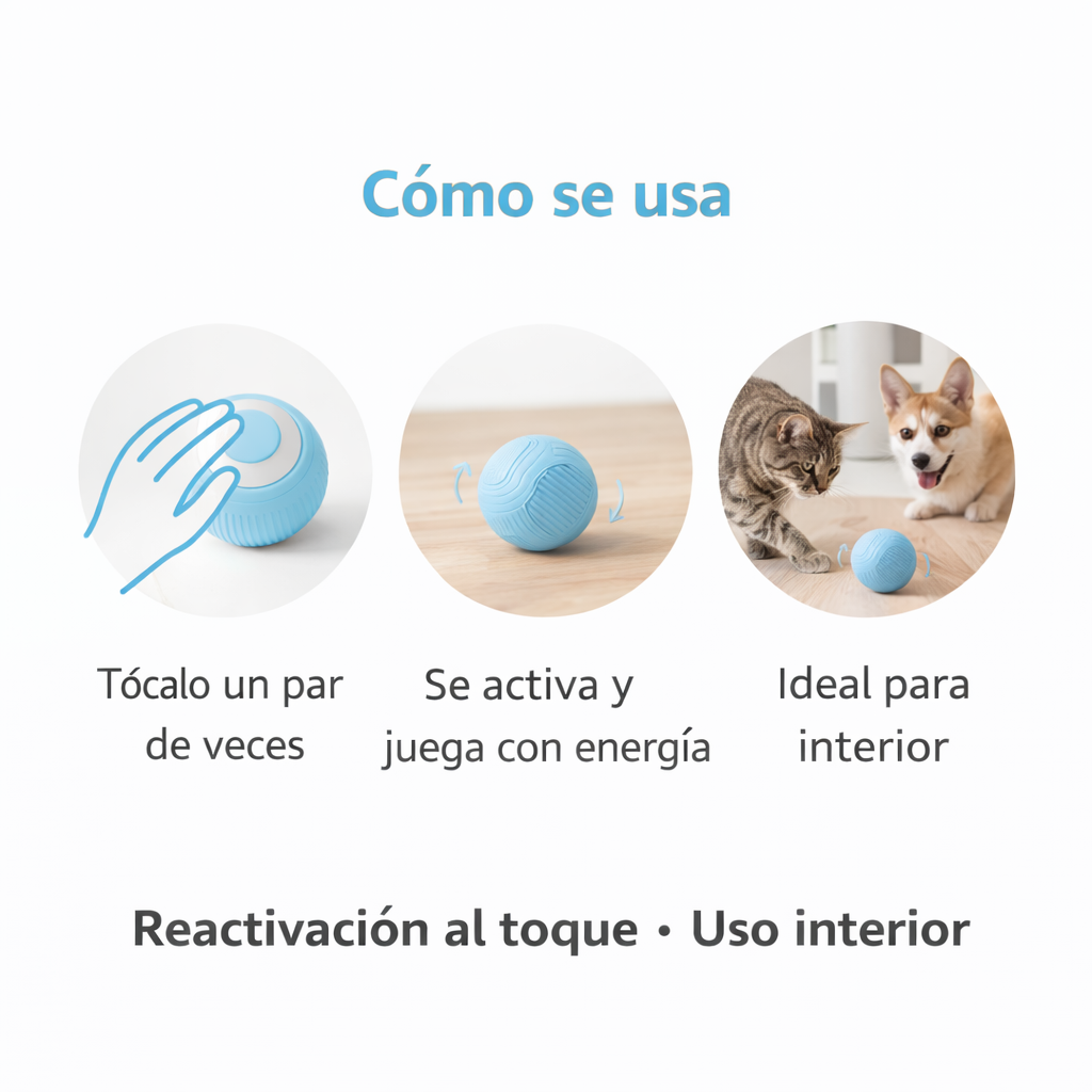 Infografía en español de ChaseBall Mini con indicaciones de uso, reactivación al toque y juego en interior