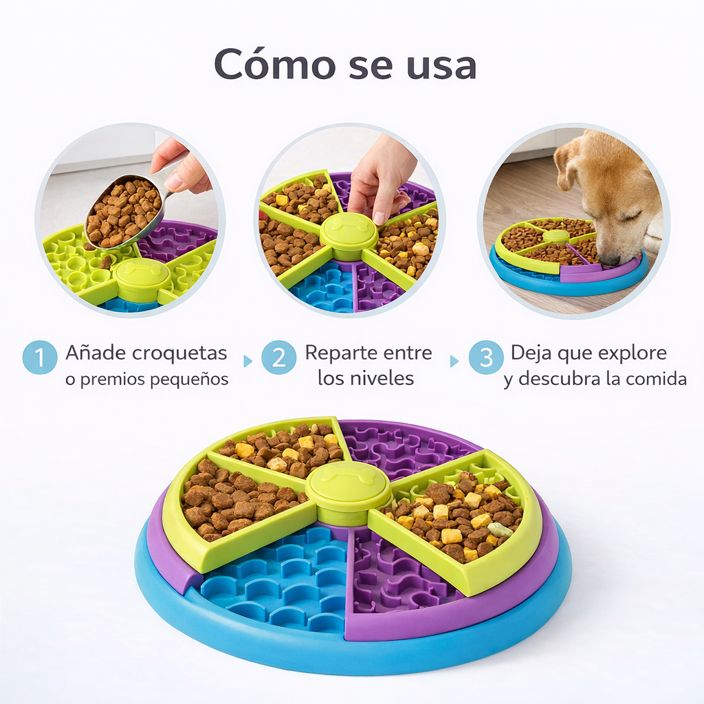 Guía visual de uso de SpinTreat en 3 pasos con croquetas o premios pequeños