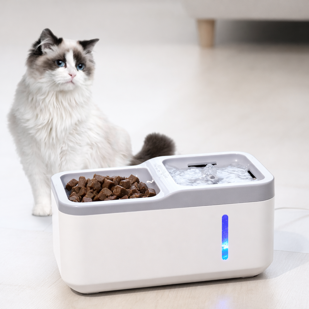 Estación 2-en-1 para gatos con fuente 2,8 L y comedero en un entorno doméstico con gato.