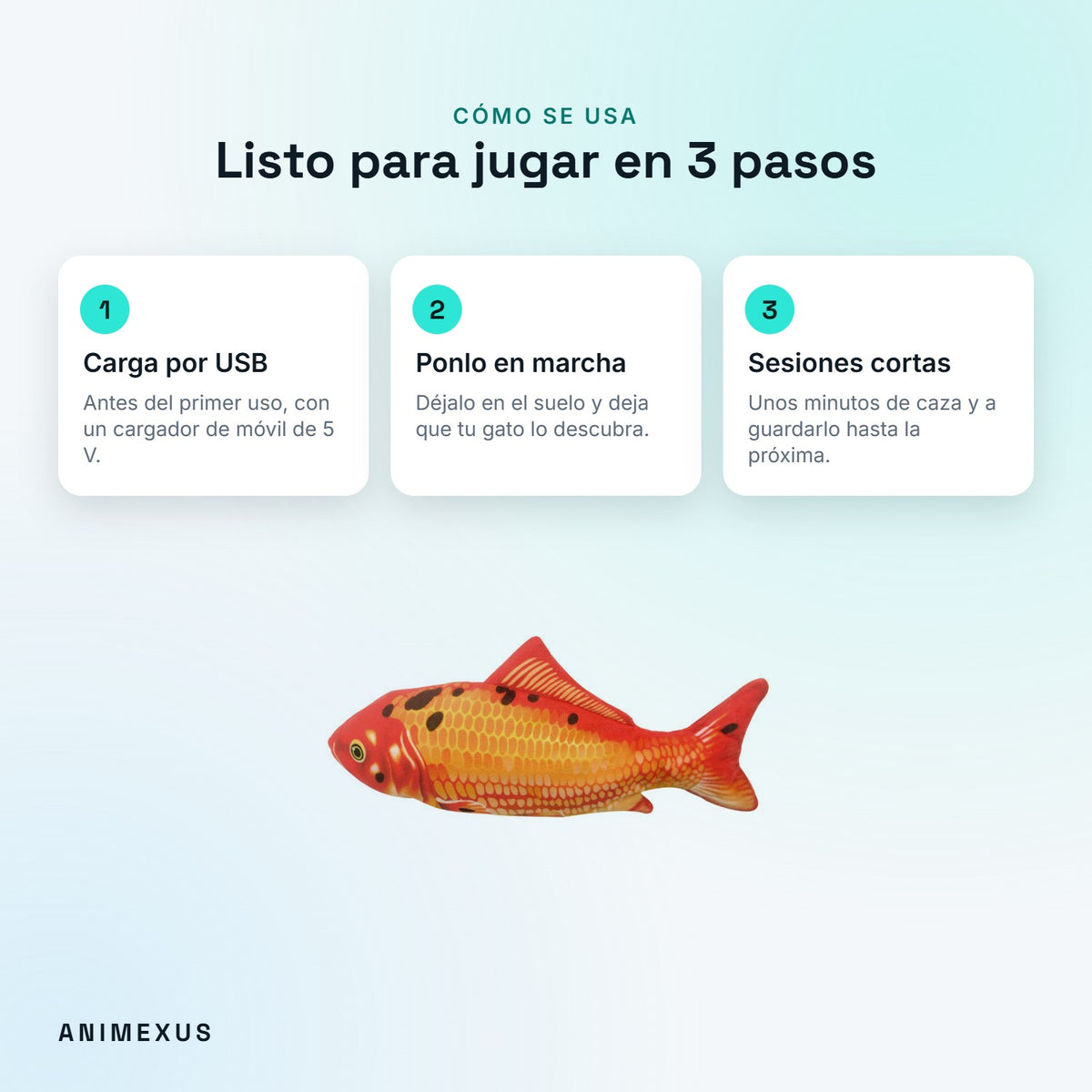 Cómo usar KickFish en 3 pasos: cargar por USB, ponerlo en marcha en el suelo y jugar en sesiones cortas