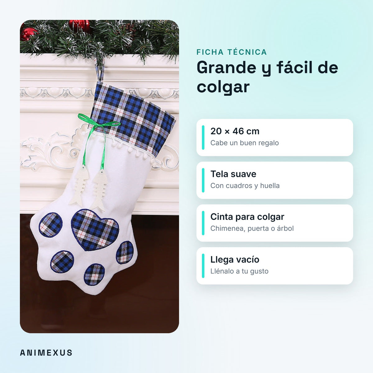 Medidas del calcetín PawStocking: 20 × 46 cm