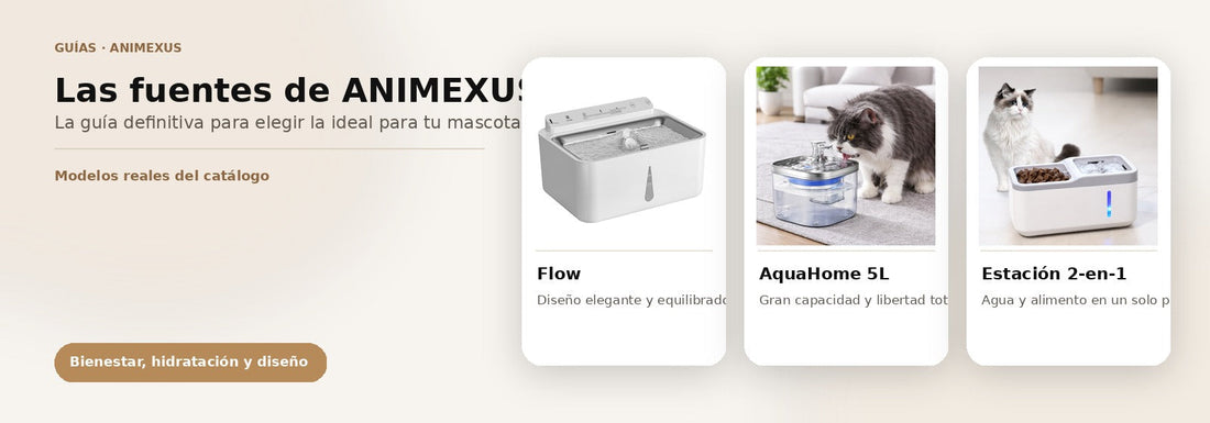 Imagen promocional del blog de ANIMEXUS con las tres fuentes reales de su catálogo —Flow, AquaHome 5L y Estación 2-en-1— mostradas junto a mascotas en un entorno cálido y doméstico, destacando hidratación, bienestar y diseño funcional.