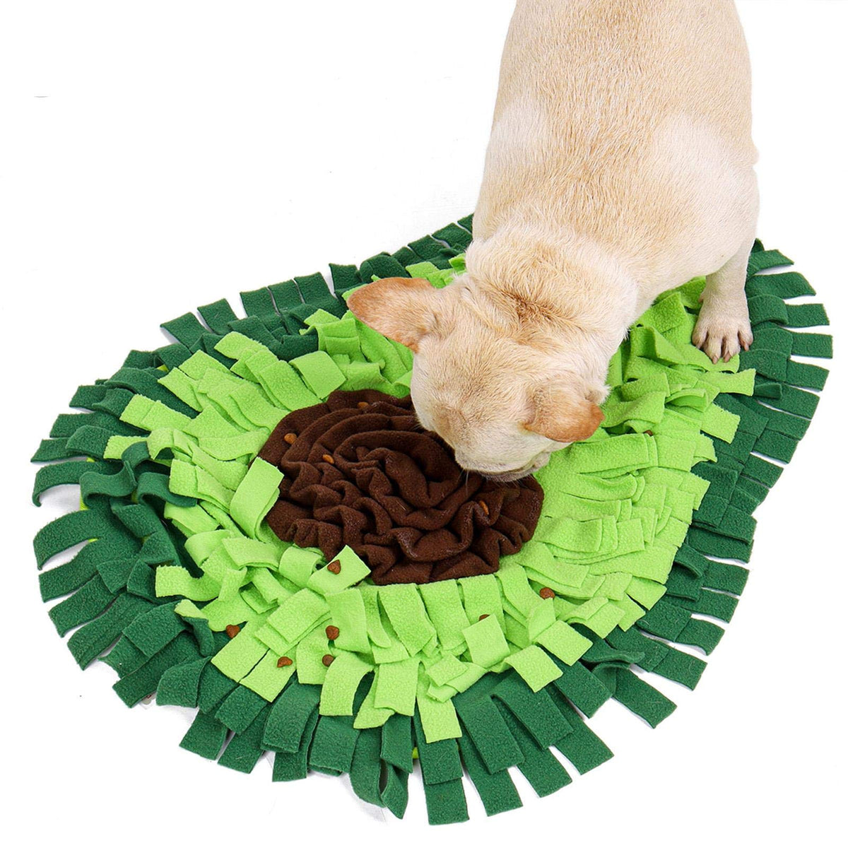 Perro olfateando la alfombra SniffMat aguacate