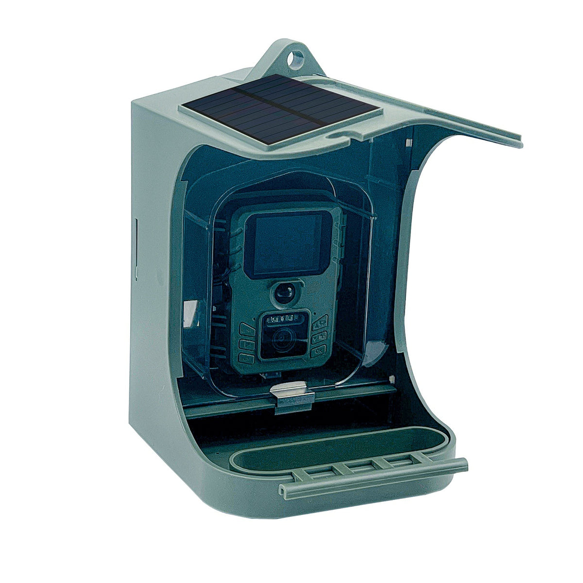 Comedero para pájaros BirdView verde militar con la cámara instalada y el panel solar en el tejado