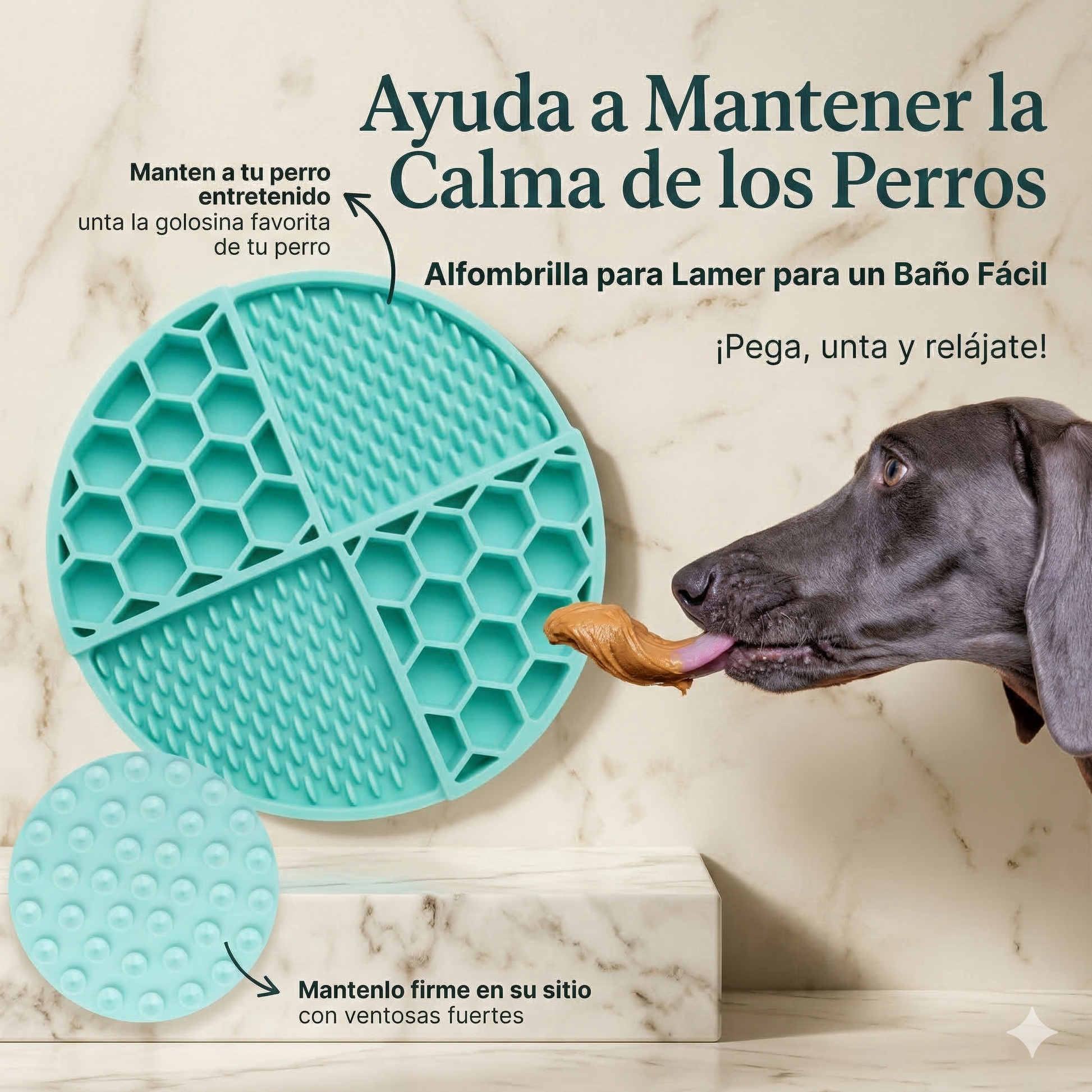 Perro lamiendo un premio de una alfombrilla lick mat de silicona verde menta. Detalle de las ventosas de alta fijación que ayudan a mantener al perro entretenido y tranquilo durante el baño.