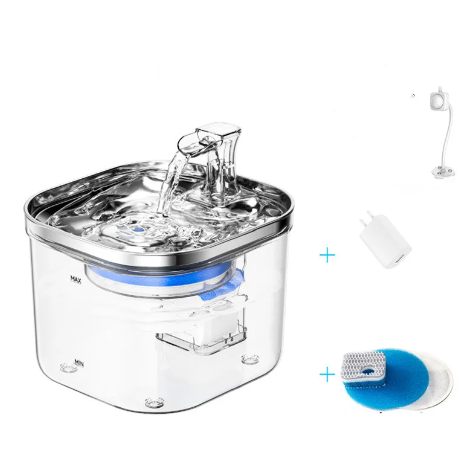 Fuente automática premium Animexus Flow™ con sistema de filtración avanzada, adaptador USB, filtros de repuesto y accesorios incluidos, diseñada para ofrecer agua fresca y purificada de forma continua a gatos y perros pequeños.