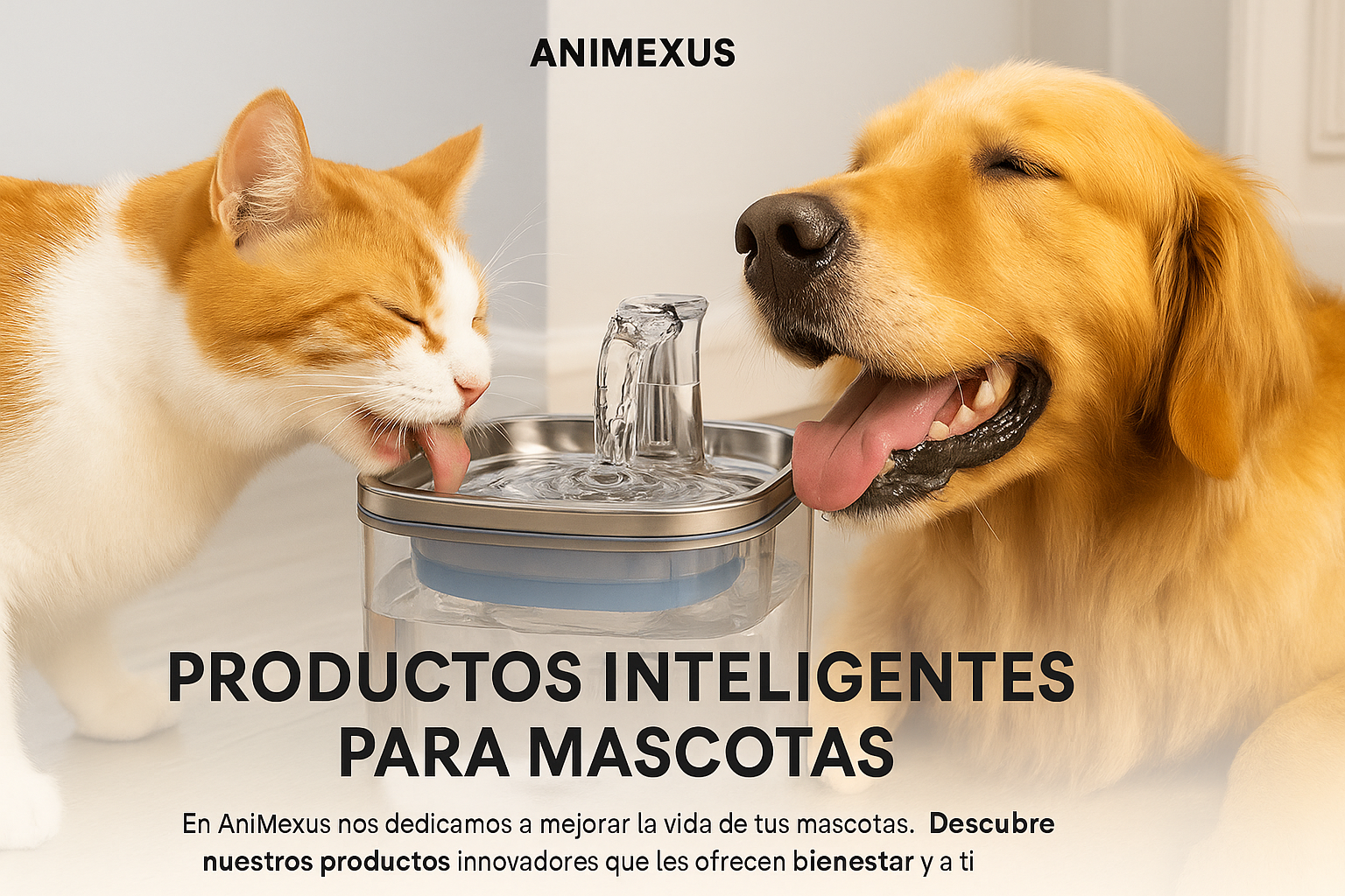 Gato y perro bebiendo simultáneamente de la fuente automática Animexus Flow™, con filtración avanzada y flujo de agua constante que fomenta la hidratación saludable y previene problemas urinarios en mascotas.