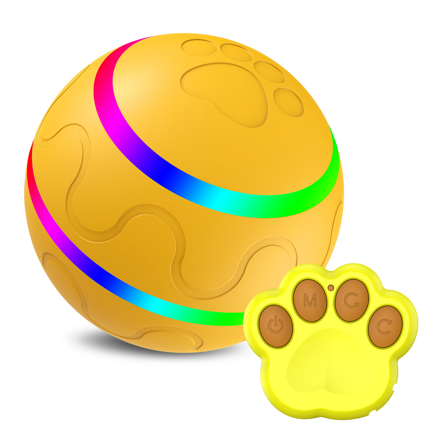 Pelota inteligente Animexus Playball™ en color amarillo con luces LED interactivas multicolor y mando a distancia con forma de huella. Ideal para estimular el juego activo de perros y gatos, mejorar el vínculo con el dueño y combatir el aburrimiento con diferentes modos automáticos y manuales.