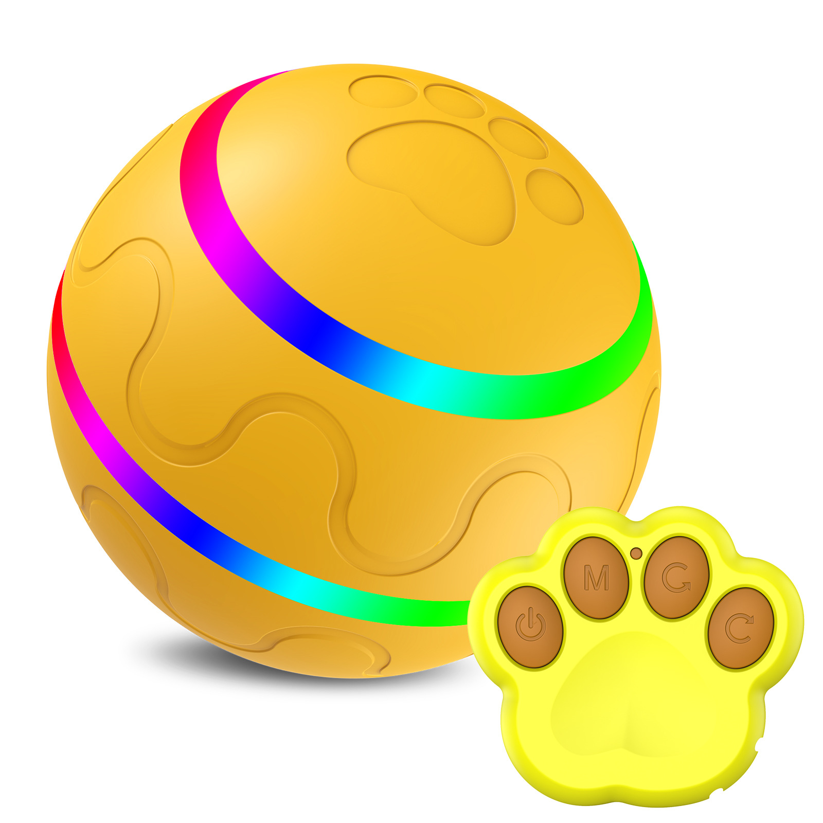 Pelota inteligente Animexus Playball™ en color amarillo con luces LED interactivas multicolor y mando a distancia con forma de huella. Ideal para estimular el juego activo de perros y gatos, mejorar el vínculo con el dueño y combatir el aburrimiento con diferentes modos automáticos y manuales.