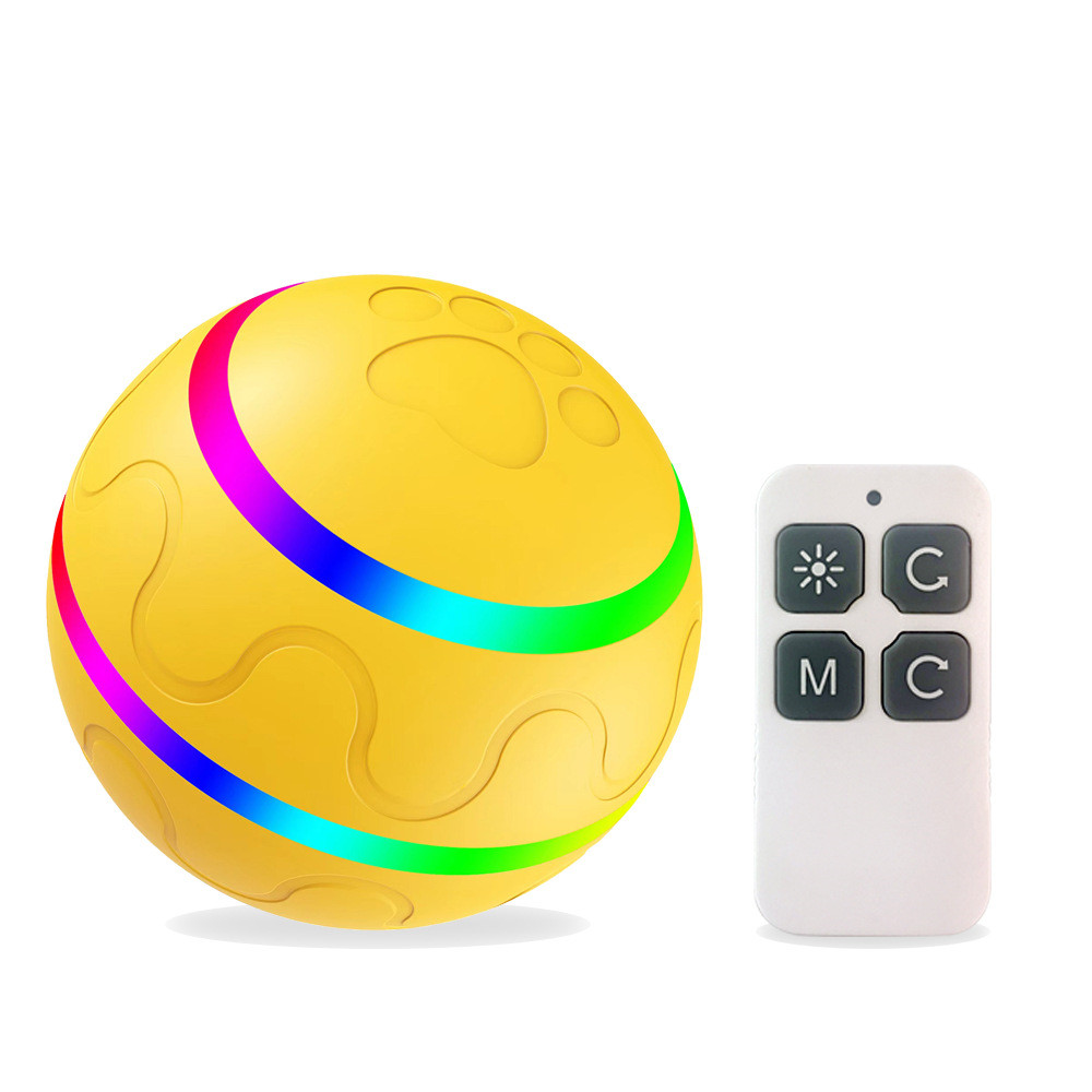 Pelota automática Amarilla Animexus Playball™ con luces LED multicolor y mando a distancia para controlar modos de juego, ideal para estimular el ejercicio, reducir la ansiedad y reforzar el vínculo con tu perro o gato desde casa.