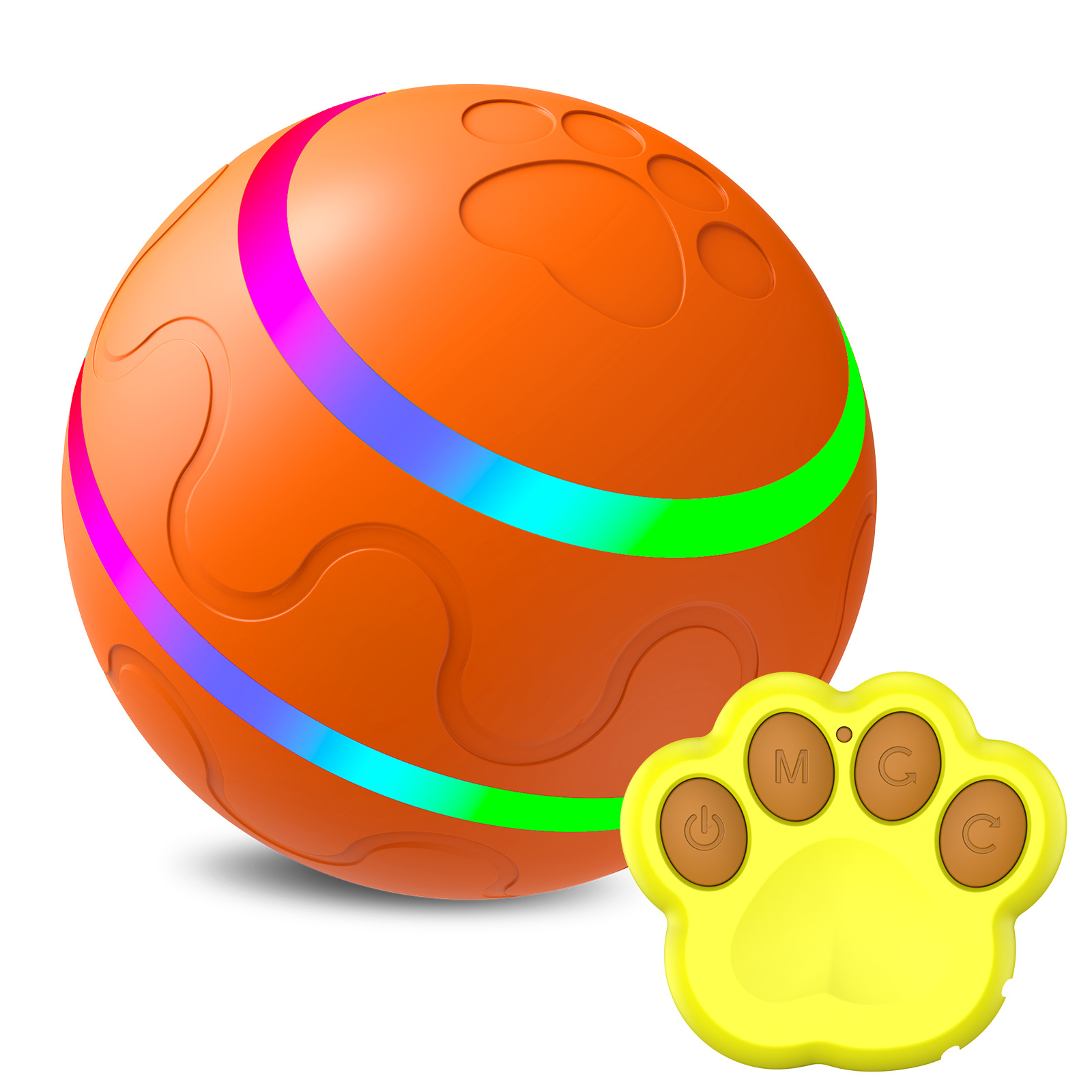 Pelota inteligente automática Animexus Playball™ de silicona resistente con luces LED y control remoto en forma de huella, ideal para estimular el juego, reducir el estrés y mantener activo a tu perro o gato incluso cuando estás fuera de casa.