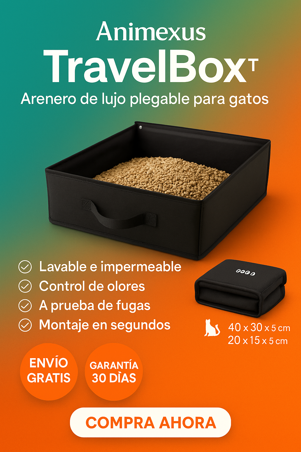 Arenero plegable de viaje Animexus TravelBox™ para gatos, fabricado en tela Oxford impermeable, lavable, con control de olores y montaje rápido, ideal para mantener la higiene felina durante viajes o escapadas.