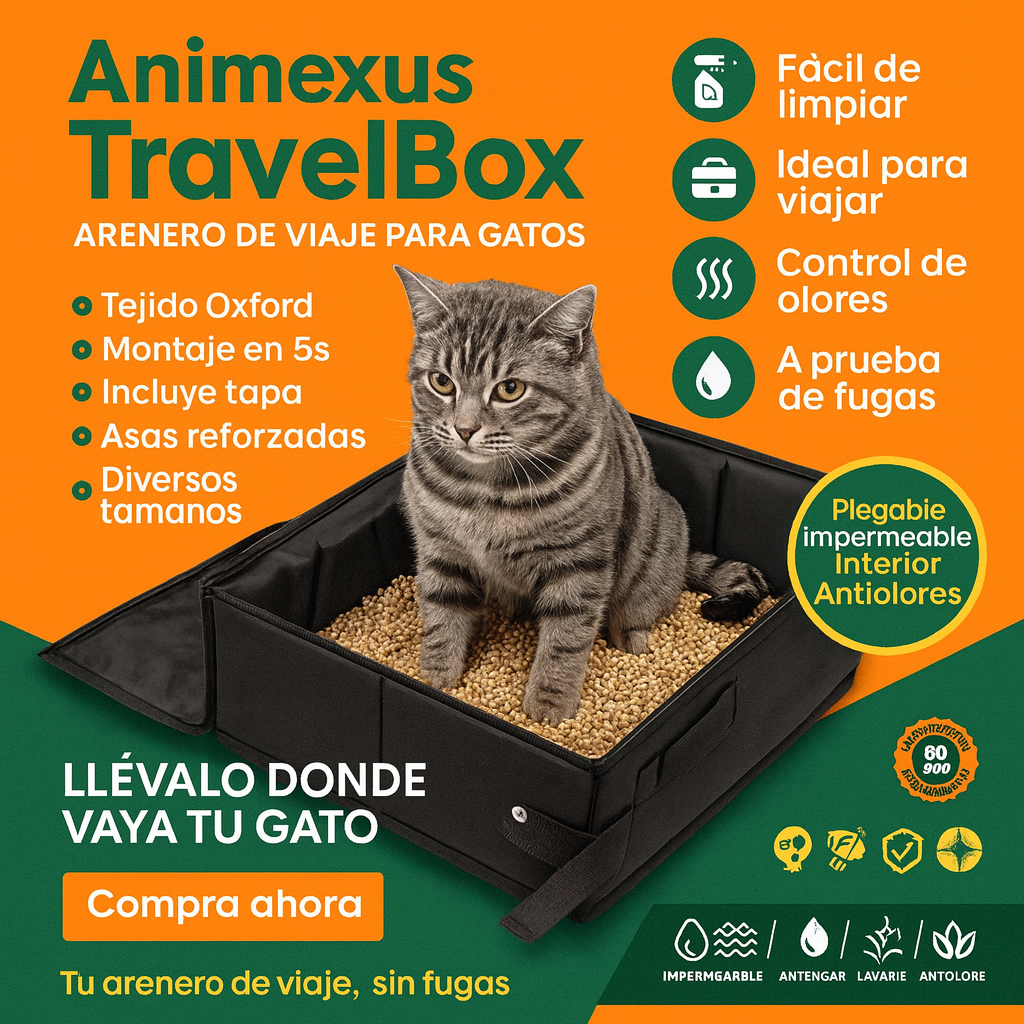 Gato usando el arenero plegable de viaje Animexus TravelBox™, fabricado en resistente tela Oxford con interior impermeable, fácil de limpiar, con asas reforzadas y montaje rápido, ideal para mantener la higiene felina en cualquier lugar.