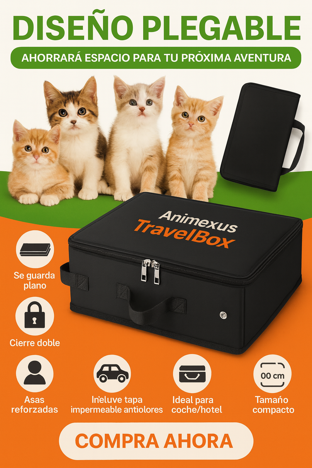 Arenero plegable Animexus TravelBox™ para gatos, diseño compacto que se guarda plano, con cierre doble, asas reforzadas y tapa impermeable, ideal para viajes en coche o estancias en hotel.