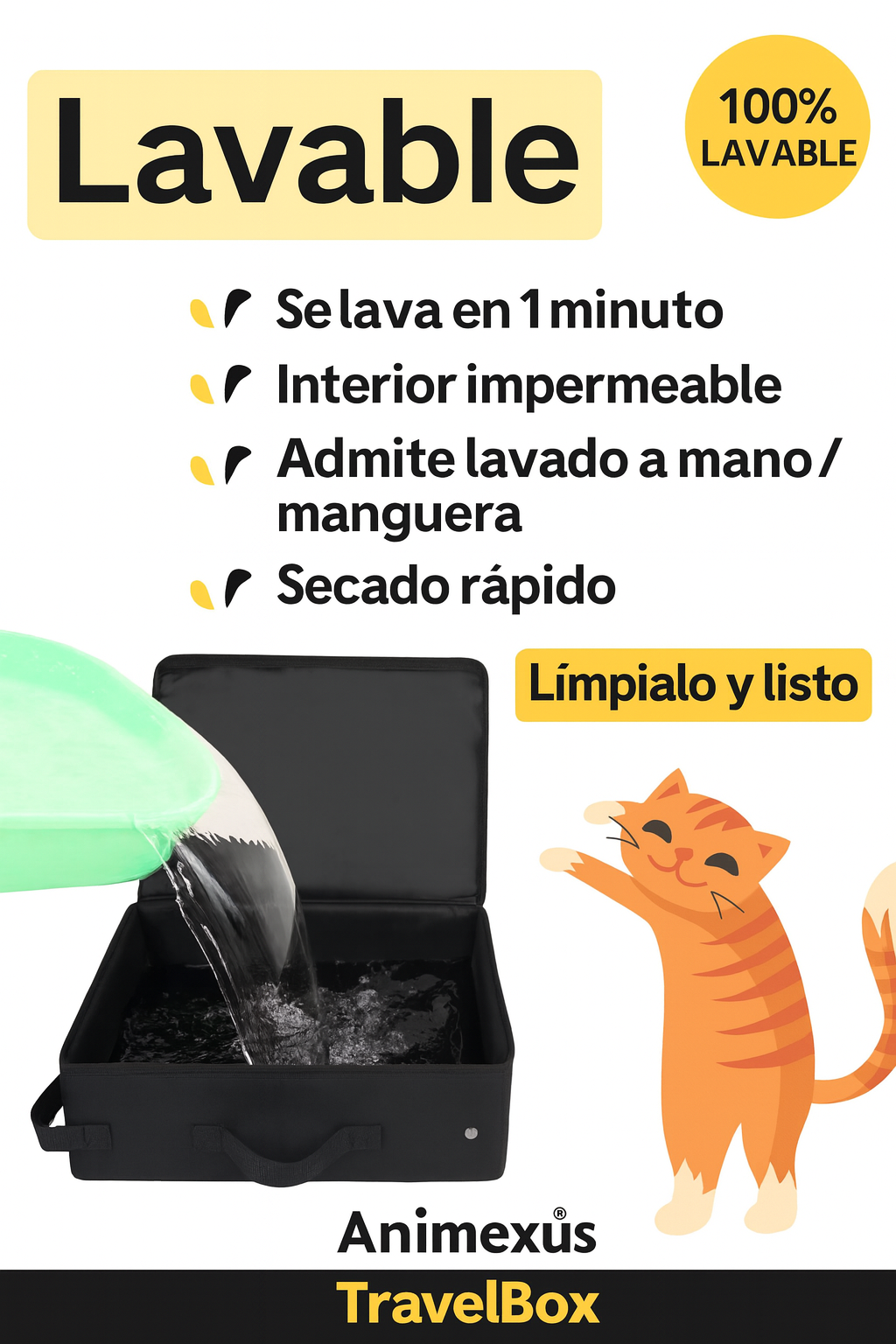 Arenero plegable Animexus TravelBox™ para gatos con interior impermeable, fácil de limpiar en menos de un minuto, apto para lavado a mano o con manguera y secado rápido, ideal para viajes y uso diario.
