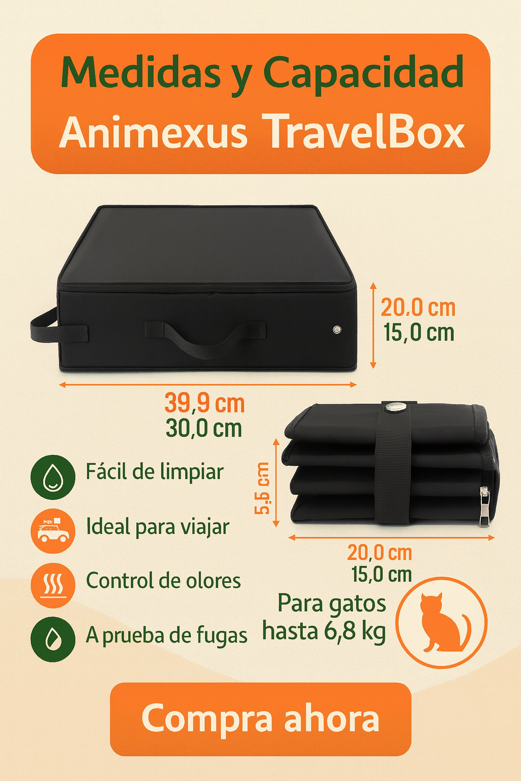 Dimensiones y capacidad del arenero plegable Animexus TravelBox™ para gatos, con medidas de 39,9 × 30 × 20 cm abierto y solo 20 × 15 × 5,5 cm plegado, ideal para gatos de hasta 6,8 kg, fácil de limpiar, a prueba de fugas y perfecto para viajes.