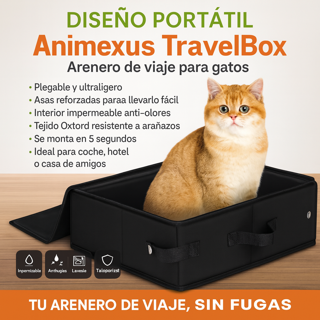 Gato sentado en el arenero plegable Animexus TravelBox™, ultraligero, fácil de transportar, con interior impermeable antiolores y tejido Oxford resistente a arañazos, ideal para coche, hotel o viajes.