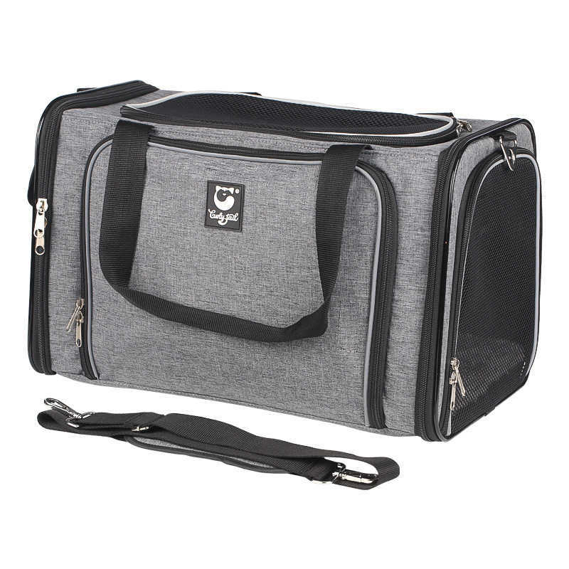 Vista detallada de la mochila cápsula Animexus® TravelBubble para gatos y perros pequeños, fabricada con tejido Oxford resistente, asas acolchadas y múltiples cremalleras para un transporte cómodo, seguro y fácil durante viajes o paseos.