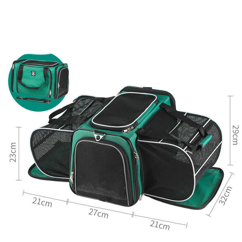 Imagen con medidas completas de la mochila cápsula expansible Animexus® TravelBubble para gatos y perros pequeños, mostrando el diseño desplegable con paneles de malla ventilada, múltiples accesos con cremalleras y estructura resistente ideal para viajes largos.