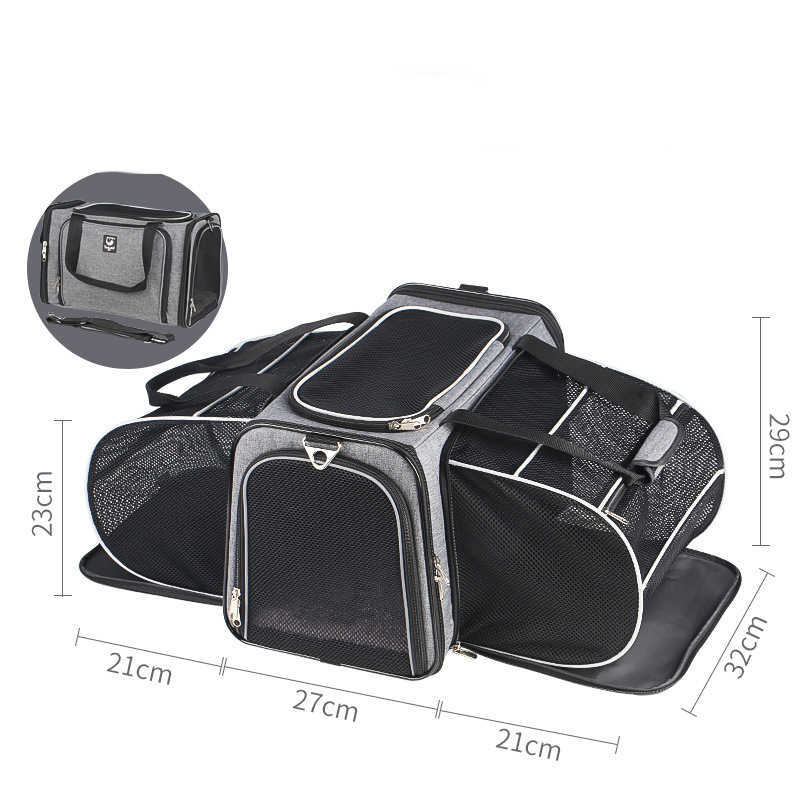 Imagen con medidas completas de la mochila cápsula expansible Animexus® TravelBubble, mostrando el diseño desplegado con paneles de malla ventilada, múltiples cremalleras de acceso y estructura resistente ideal para viajes cómodos con gatos y perros pequeños.