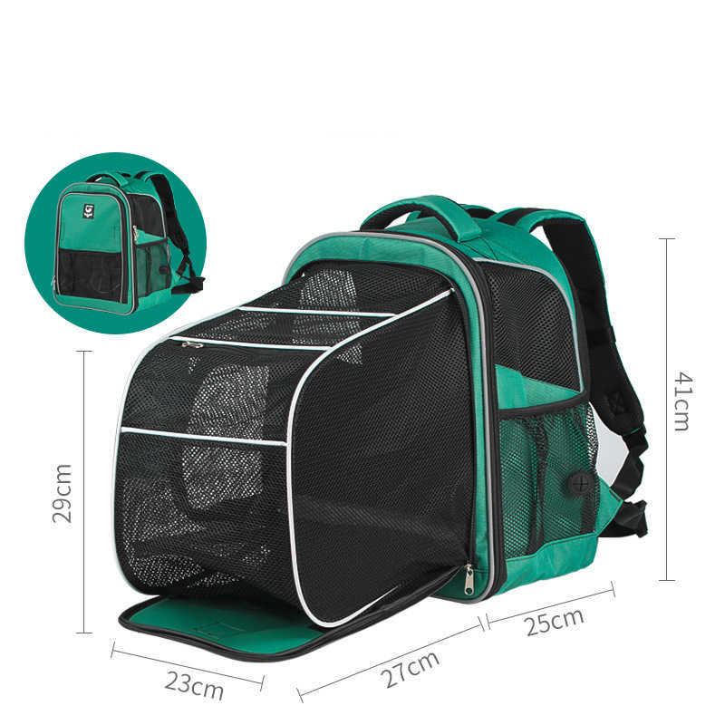 Imagen con medidas detalladas de la mochila cápsula Animexus® TravelBubble para gatos y perros pequeños, con diseño expansible, estructura ventilada y correas ergonómicas, ideal para viajes, transporte público y excursiones.