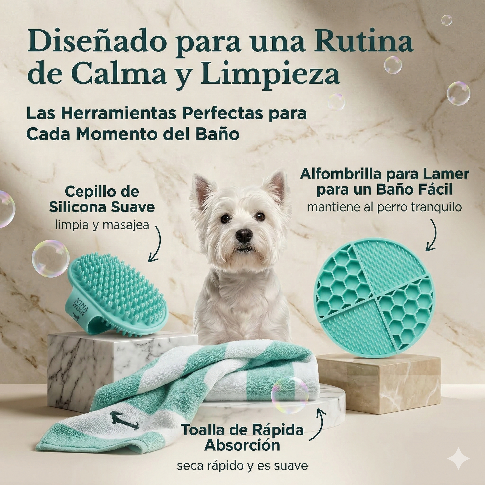 Infografía con perro Westie detallando las herramientas del kit de baño: cepillo de silicona para limpiar y masajear, alfombrilla para lamer que relaja al perro, y toalla de rápida absorción.