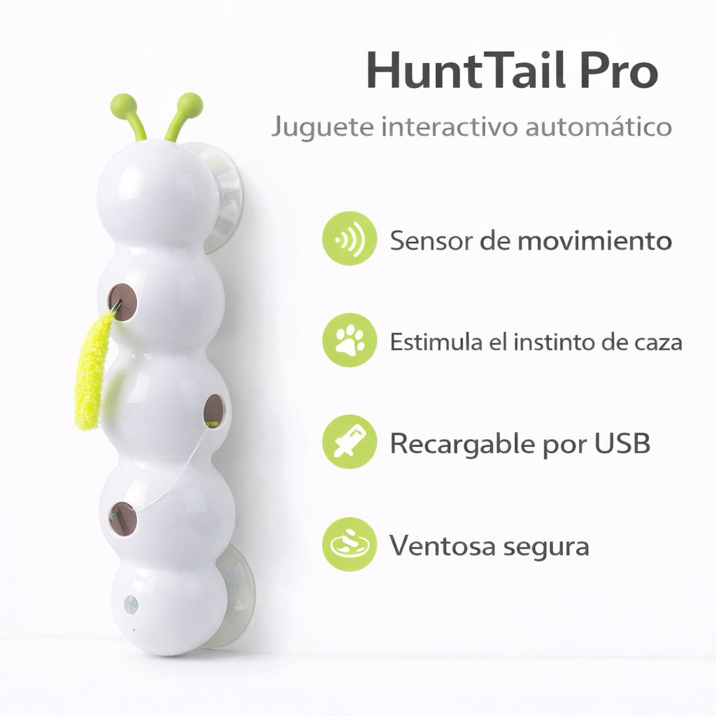 Resumen de características del juguete automático para gatos HuntTail Pro con sensor de movimiento, estimulación del instinto de caza, carga USB y ventosa de fijación segura