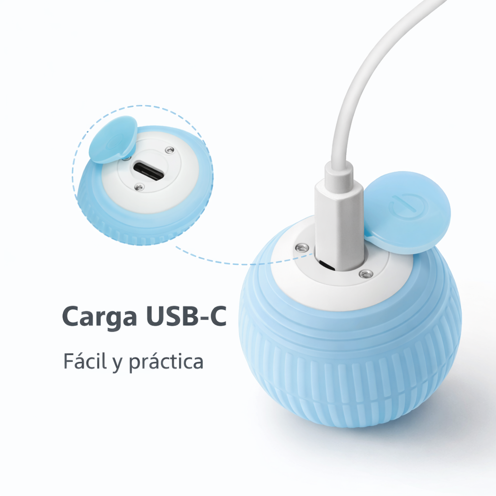 Infografía de ChaseBall Mini mostrando el puerto de carga USB-C y la tapa protectora