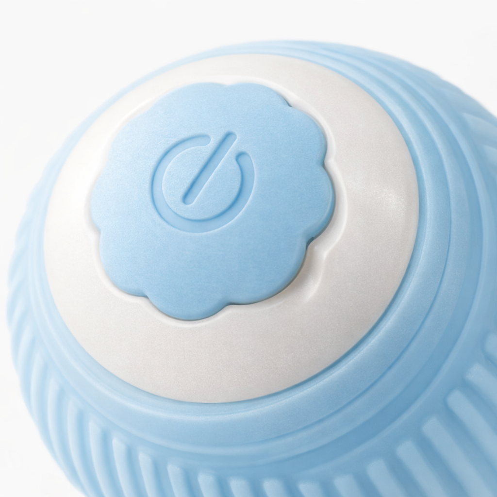 Primer plano de ChaseBall Mini azul con detalle de textura exterior, botón superior y acabado en silicona y ABS