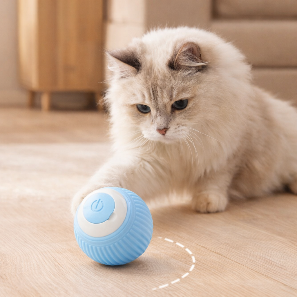 Gato jugando en interior con la pelota interactiva ChaseBall Mini azul sobre suelo de madera