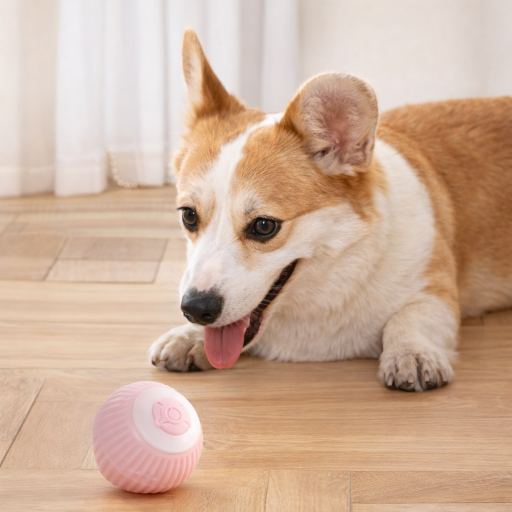 Perro pequeño en interior interactuando con la pelota ChaseBall Mini rosa sobre suelo de madera