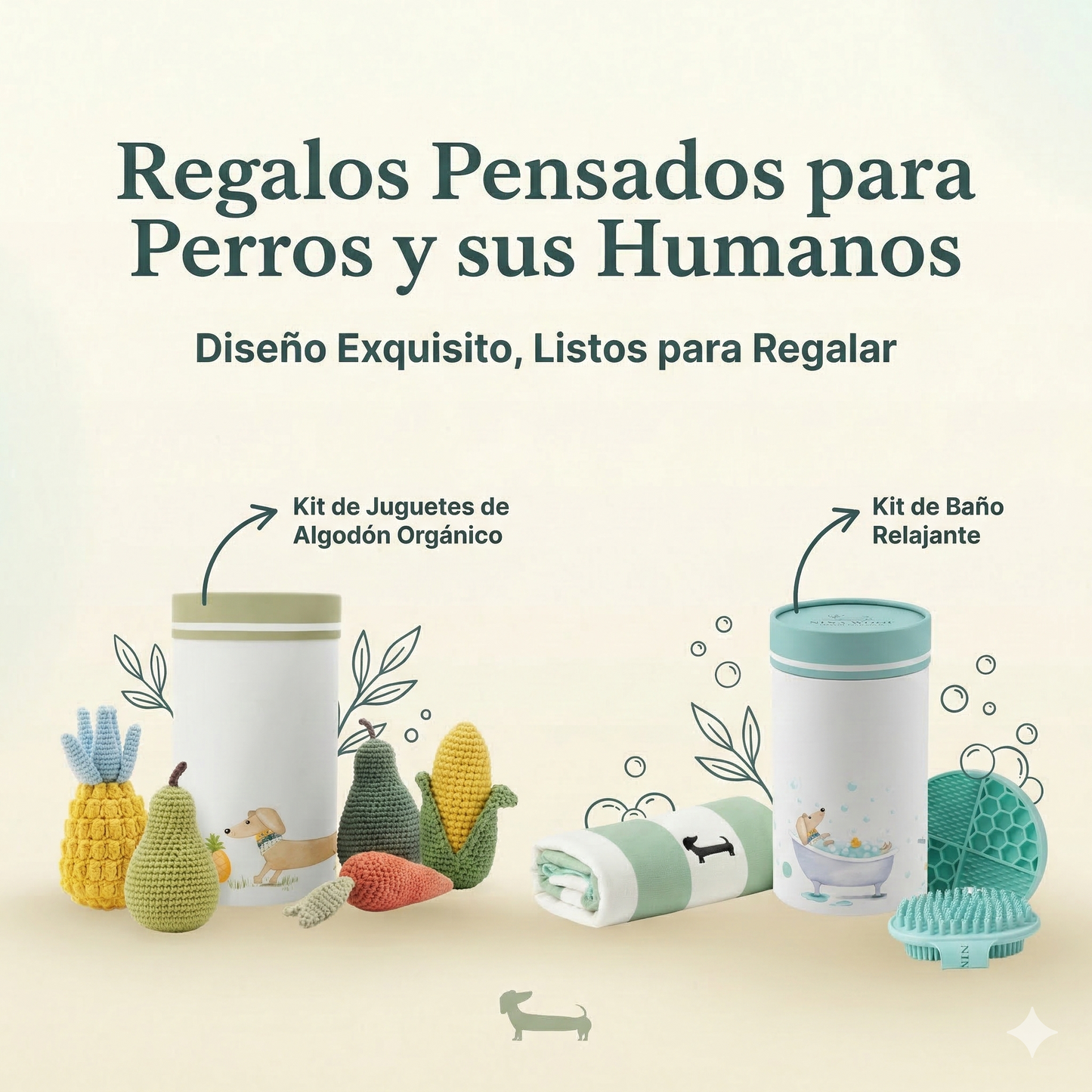 Comparativa visual de regalos boutique para mascotas. A la izquierda, un kit de juguetes de algodón orgánico; a la derecha, el kit de baño relajante, ambos con un diseño exquisito.