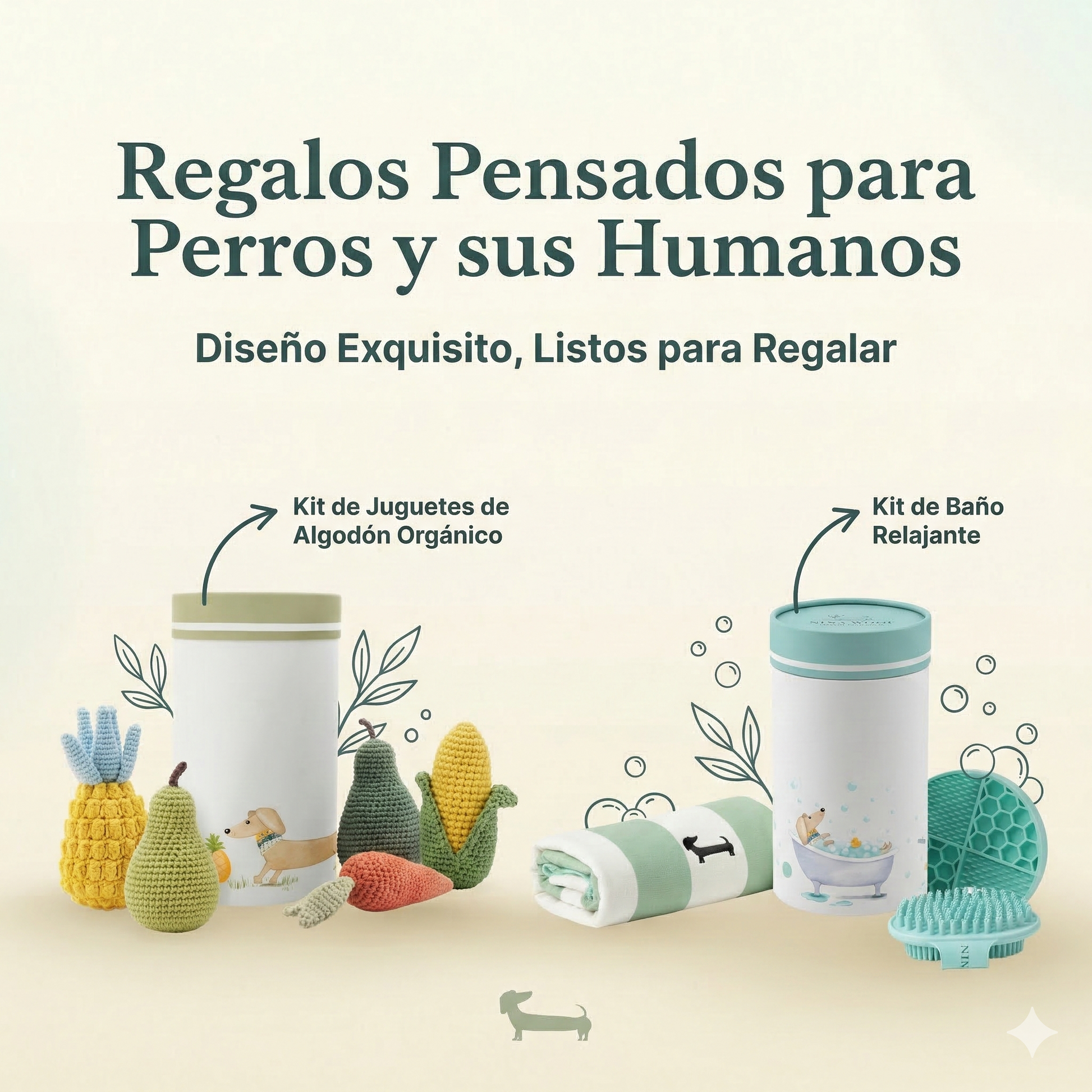 Comparativa visual de regalos boutique para mascotas. A la izquierda, un kit de juguetes de algodón orgánico; a la derecha, el kit de baño relajante, ambos con un diseño exquisito.