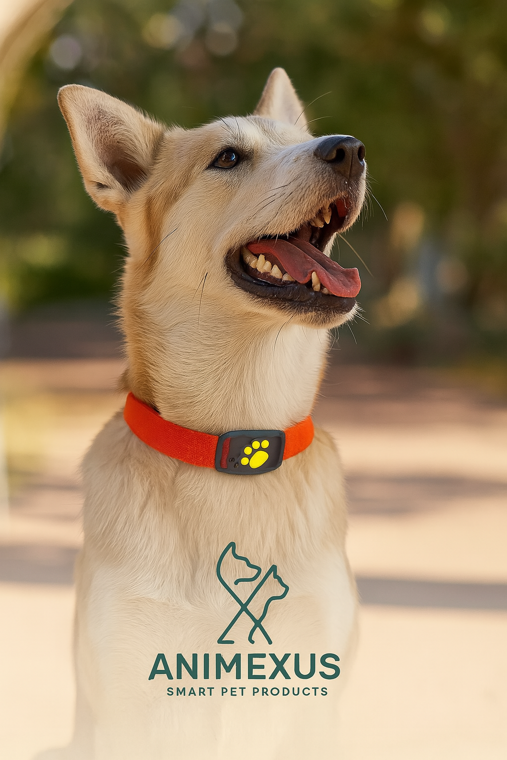 Perro usando el collar con localizador GPS Animexus Secure en color naranja, un dispositivo inteligente sin suscripciones que permite rastrear a tu mascota en tiempo real desde el móvil.