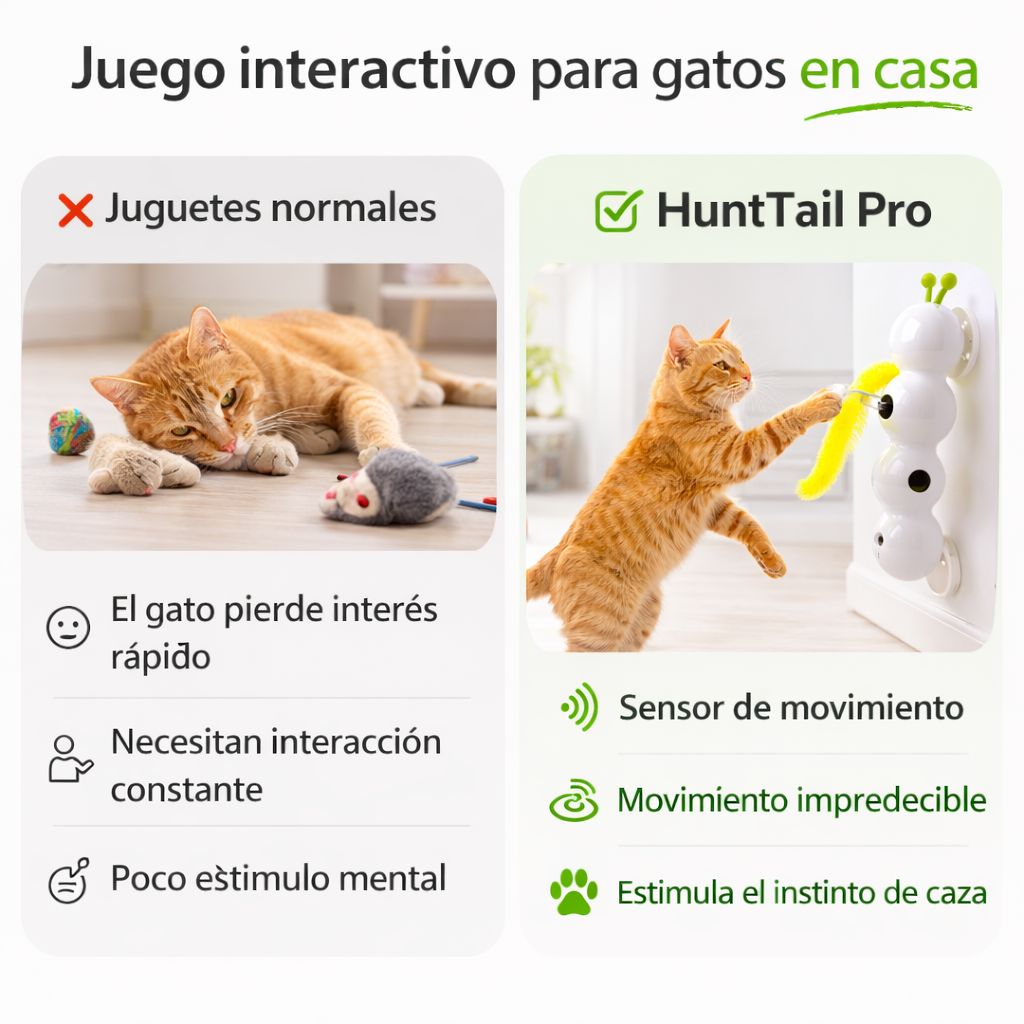 Comparativa entre juguetes tradicionales para gatos y el juguete interactivo HuntTail Pro con sensor de movimiento, mostrando cómo mantiene al gato activo y estimula su instinto de caza
