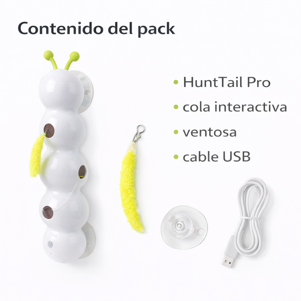 Contenido del pack del juguete interactivo HuntTail Pro incluyendo dispositivo principal, cola interactiva reemplazable, ventosa de fijación y cable USB de carga