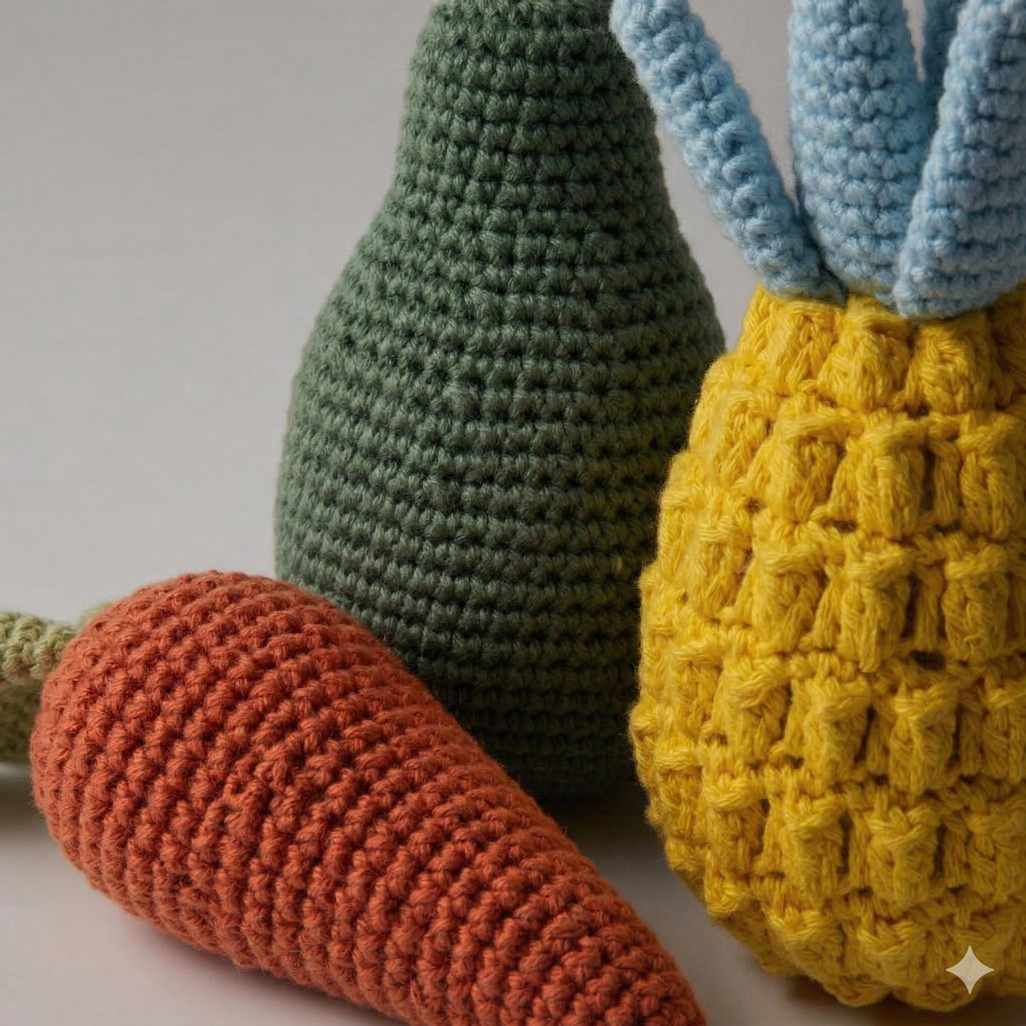 Primer plano muy detallado de las tres texturas de ganchillo de los juguetes (zanahoria, pera, piña) de algodón orgánico.