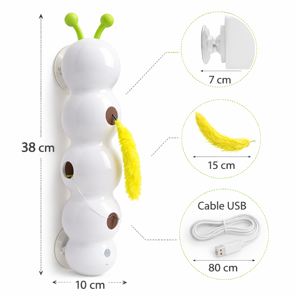 Infografía con las dimensiones del juguete interactivo para gatos HuntTail Pro mostrando altura aproximada de 40 cm, ancho de 8.5 cm y accesorios incluidos