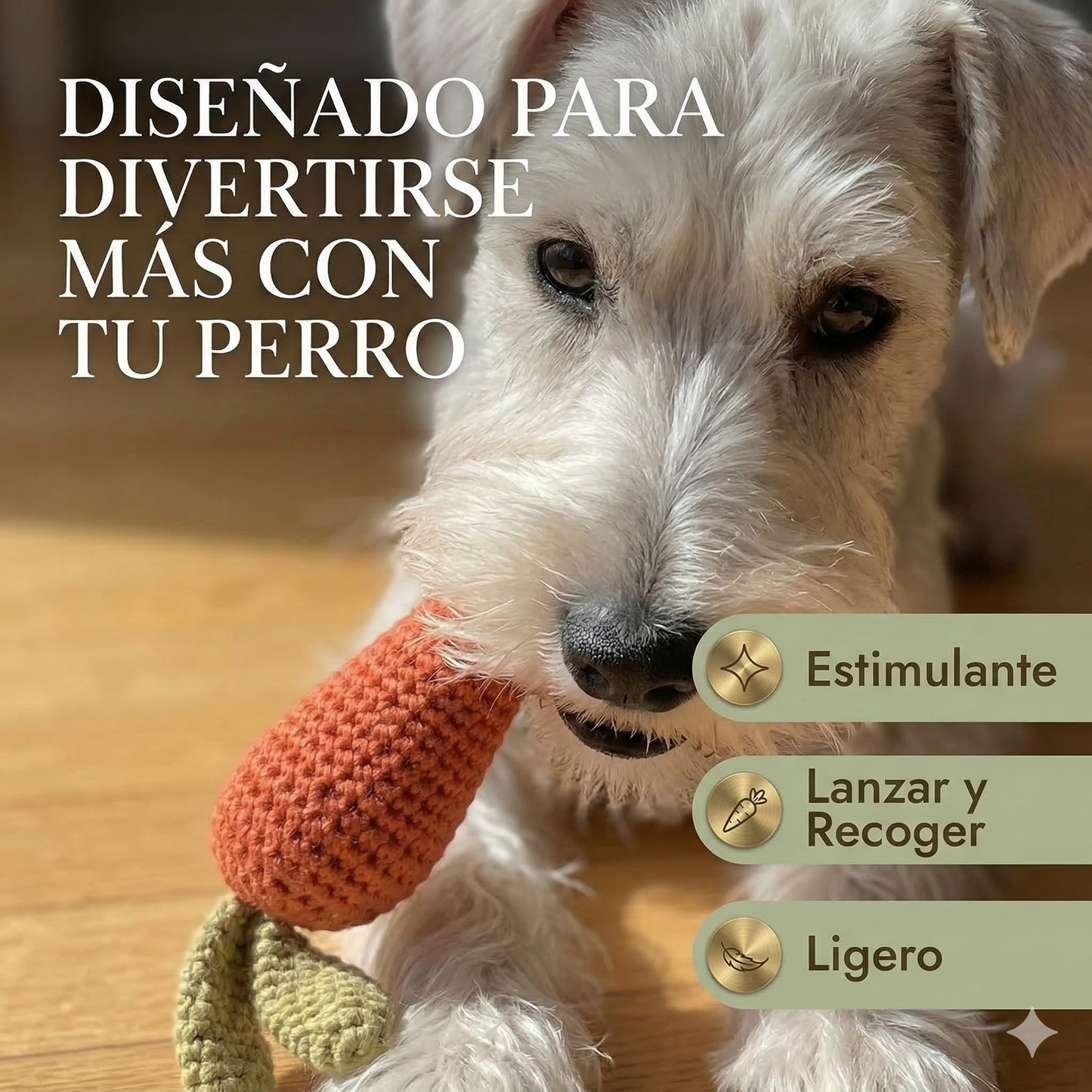 Perro Schnauzer con juguete de ganchillo de zanahoria, con símbolos premium en español para "Estimulante", "Lanzar y Recoger", y "Ligero".