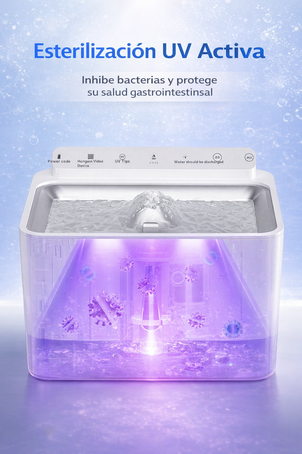 Fuente para mascotas con esterilización UV activa que ayuda a inhibir bacterias y mantener el agua más higiénica.