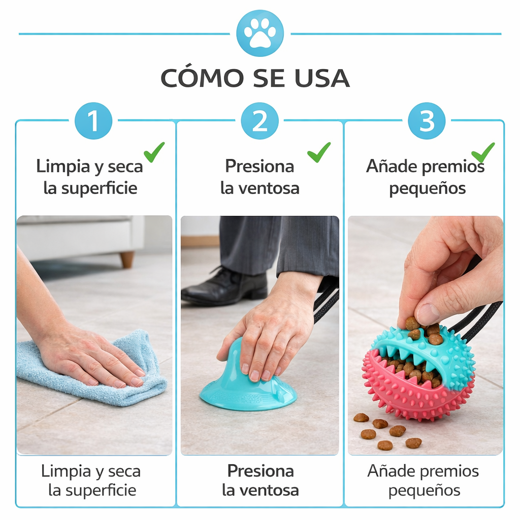 Cómo usar GripTug Pro en 3 pasos: limpia y seca la superficie, presiona la ventosa, añade premios pequeños.