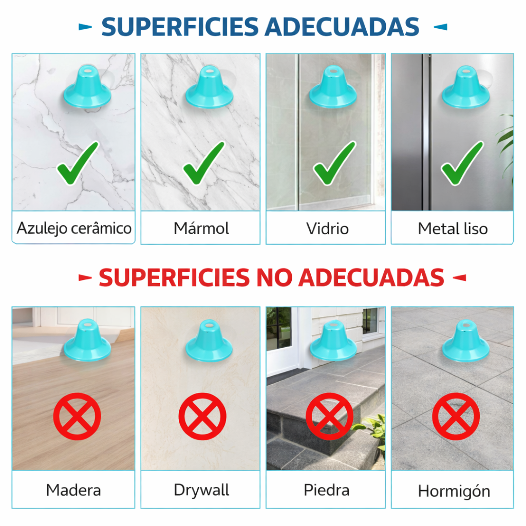 Superficies adecuadas y no adecuadas para la ventosa de GripTug Pro: azulejo, mármol, vidrio y metal liso.