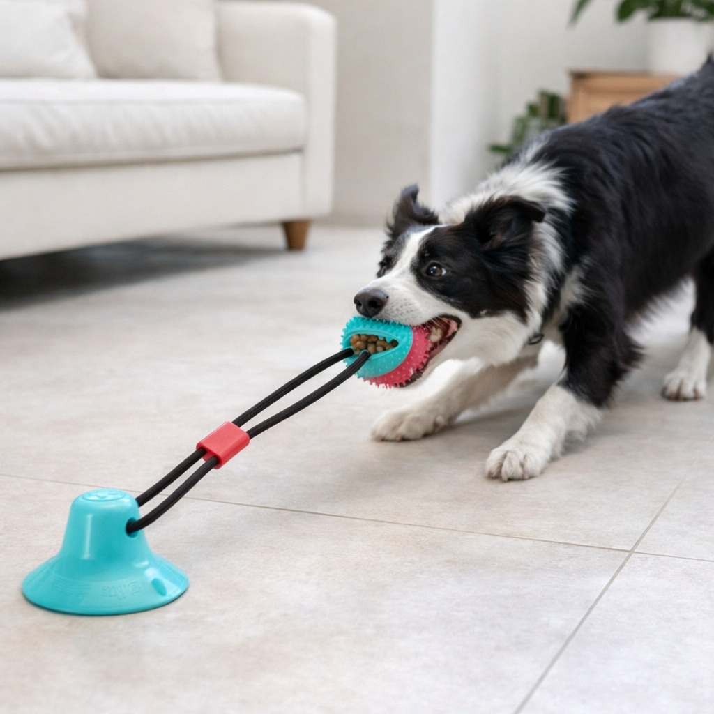 Perro jugando con GripTug Pro: juguete con ventosa fijado al suelo para tirar en interior