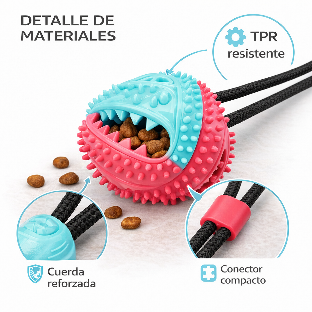 Materiales de GripTug Pro: balón TPR texturizado, cuerda trenzada y conector compacto (detalle).