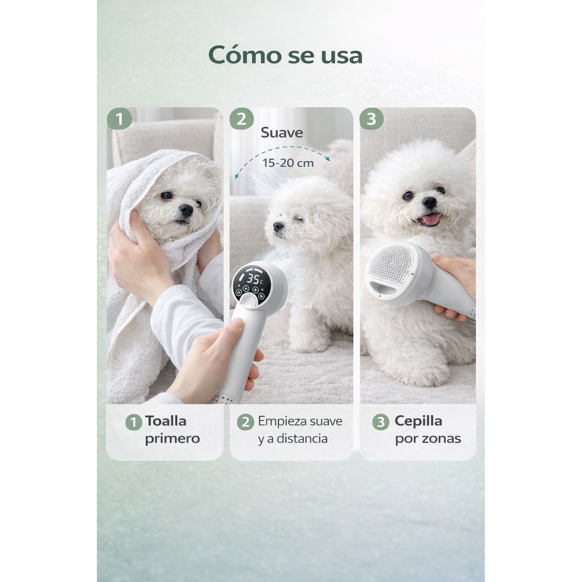 Infografía “Cómo se usa” del GroomDry 2-en-1: toalla primero, empezar suave y a distancia, cepillar por zonas.
