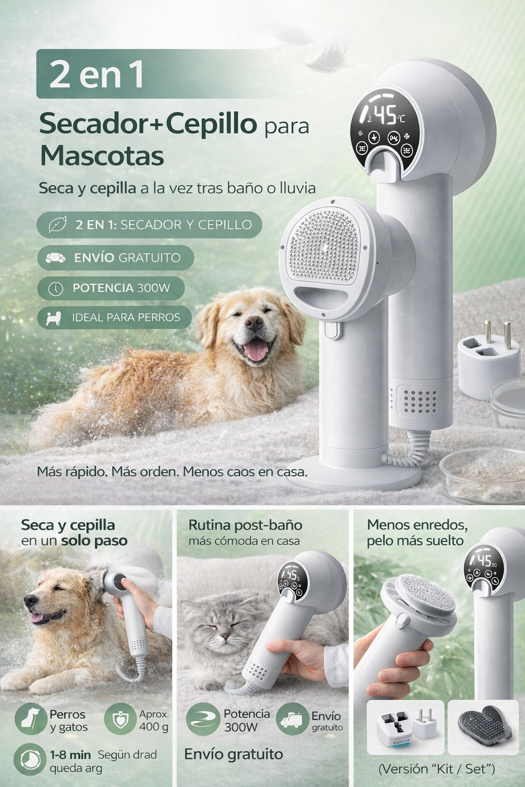 Collage informativo del GroomDry 2-en-1 con beneficios, escenas de uso y contenido del kit