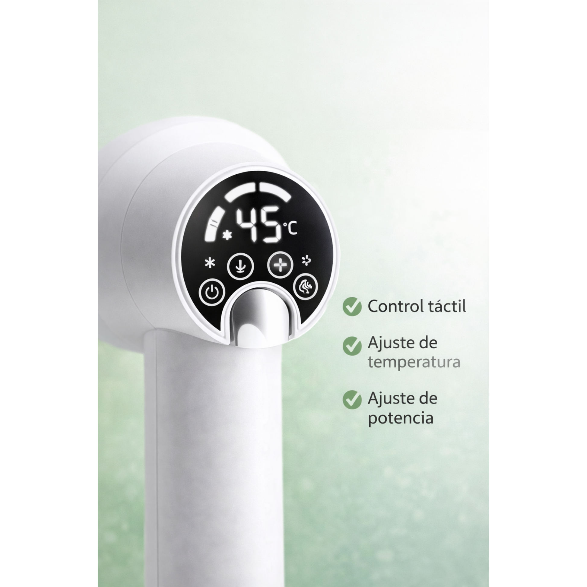 Primer plano del panel del GroomDry 2-en-1 con control táctil y ajustes de temperatura y potencia