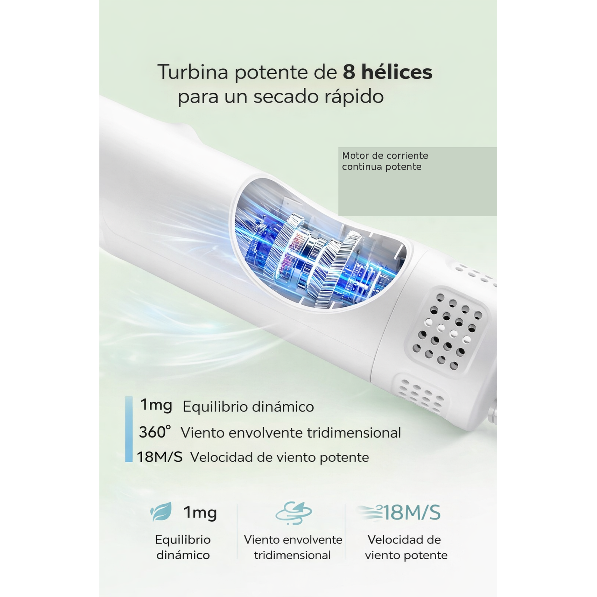 Infografía de la turbina y el motor del GroomDry 2-en-1 con vista interna ilustrativa
