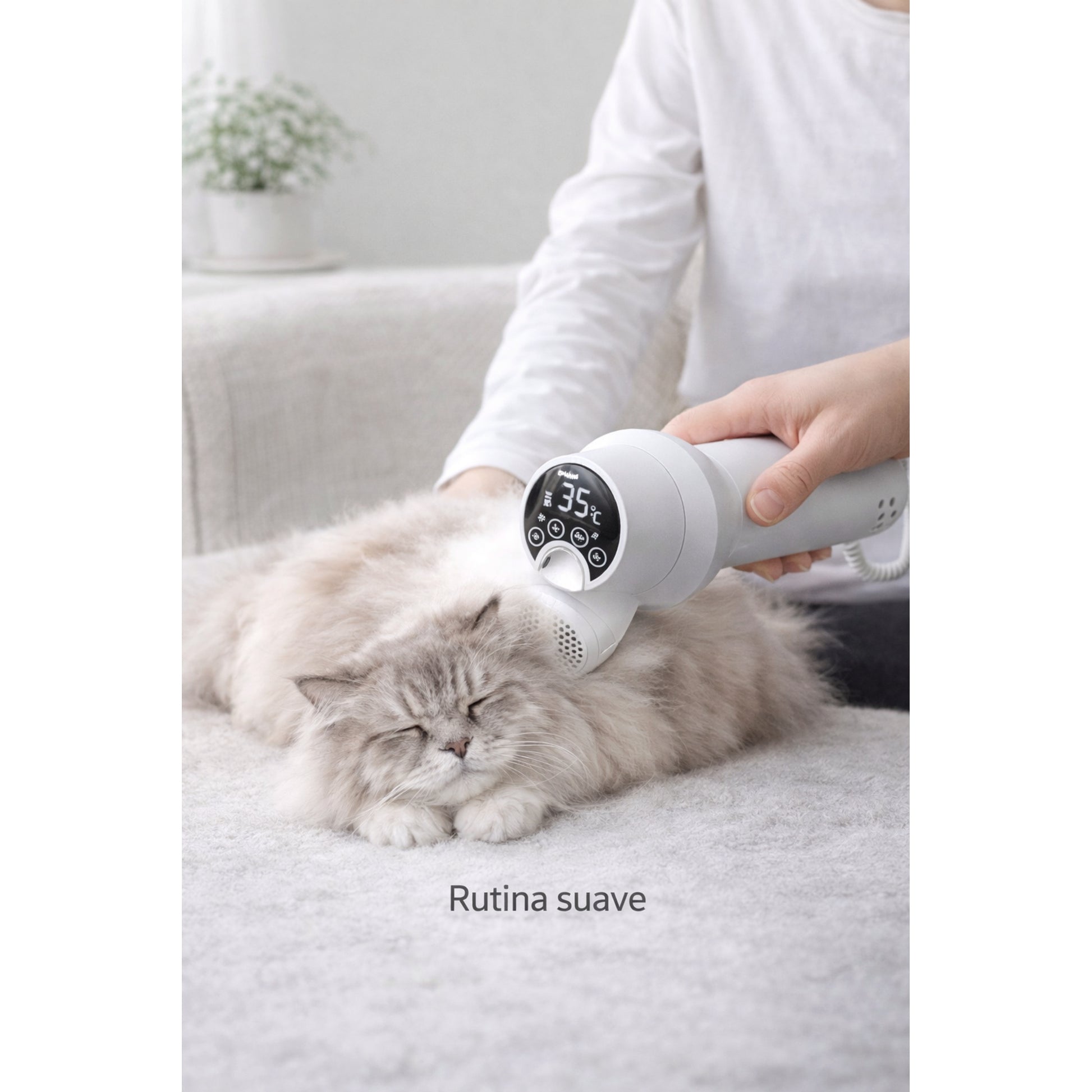 GroomDry 2-en-1 en uso con un gato tranquilo a distancia, rutina suave en casa