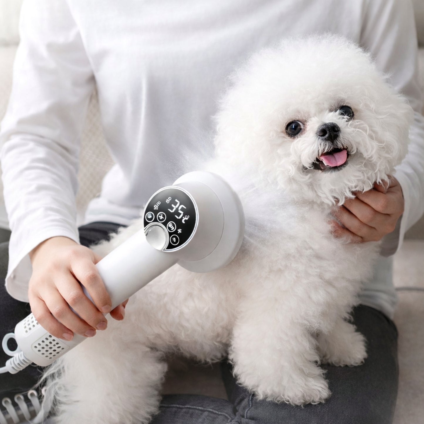 GroomDry 2-en-1 en uso con un perro pequeño en un entorno de hogar limpio, rutina de secado y cepillado